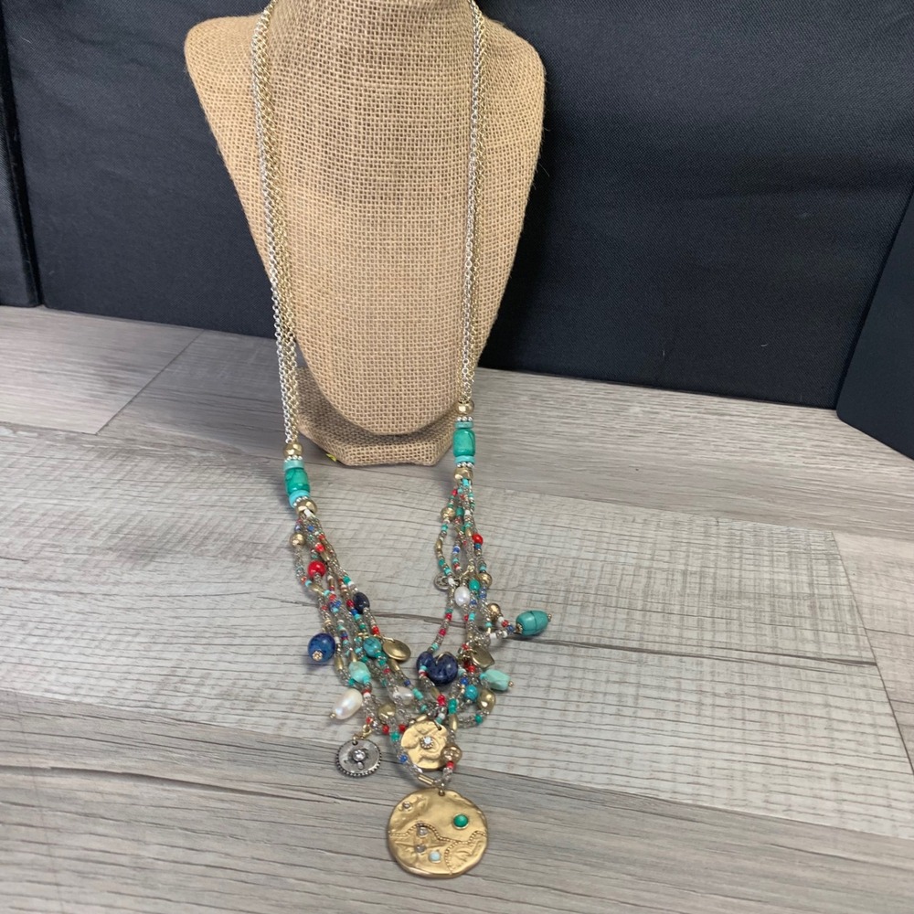 Chicos Multi Strand Boho Statement Necklace Beaded Coin Charm Mixed Metal 32in